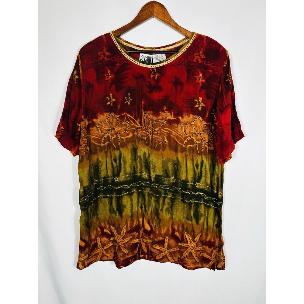 Rhool Vintage 90s Earthtone Ethnic Tribal Gauzy Tunic Top Beach Starfish Size M